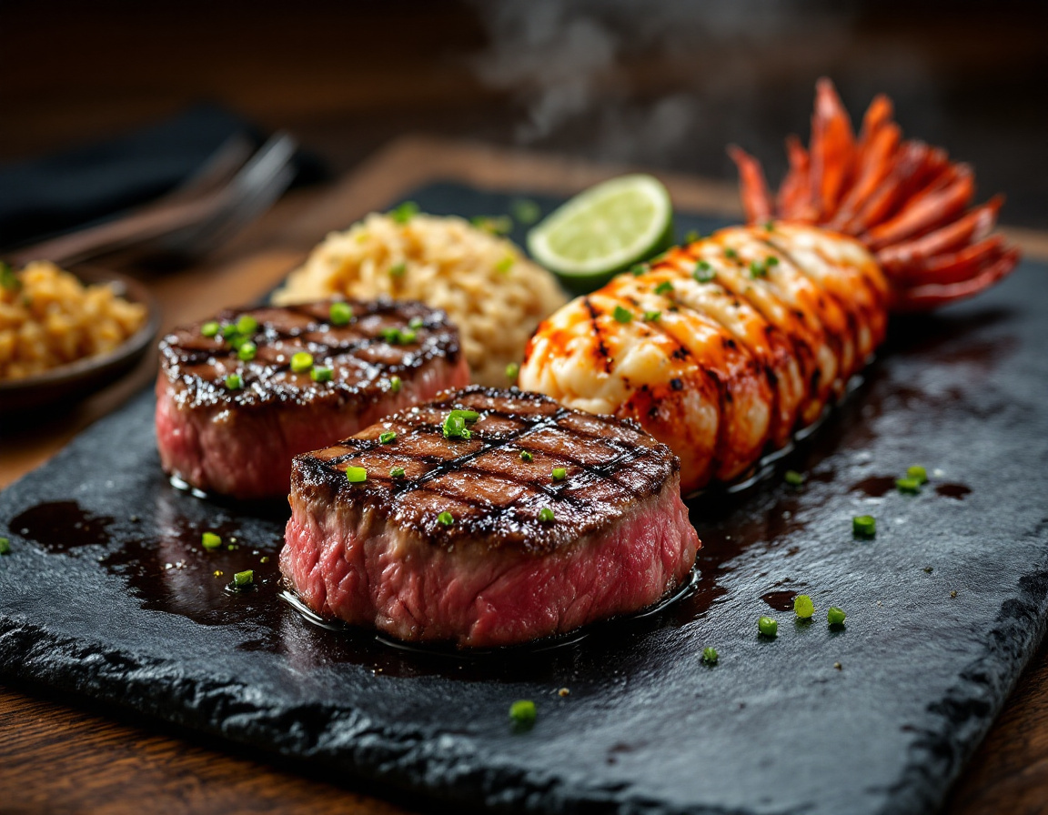 Filet mignon and butter-poached lobster tail plated with grilled scallions and fried rice