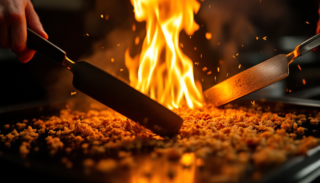 Hibachi chef sweeping two steel spatulas across a flaming griddle